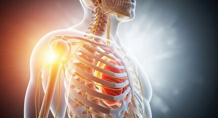 Detailed human anatomy medical illustration of thoracic rib cage and shoulder joint anatomy illustration