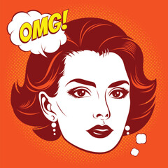 Retro cartoon woman face and head from the 50s-70s with the text OMG. Cute vintage pop art style illustration on orange background. Suitable for sticker design. Not an AI-generated work.