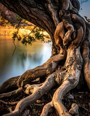Close-up of a gnarled tree with exposed roots near tranquil water