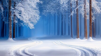 A winding path covered in snow leads through a serene forest where trees are heavily laden with frost, creating a magical winter scene.