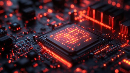 High-tech processor on circuit board, glowing red light, futuristic design