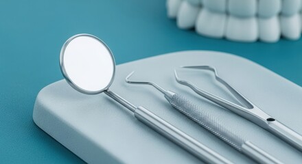 Close up of dental instruments and teeth model for oral health care illustration