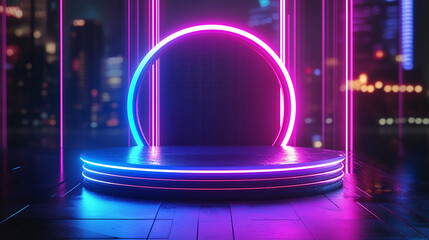 neon cyberpunk digital fractal geometric podium