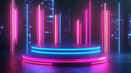 neon cyberpunk digital fractal geometric podium