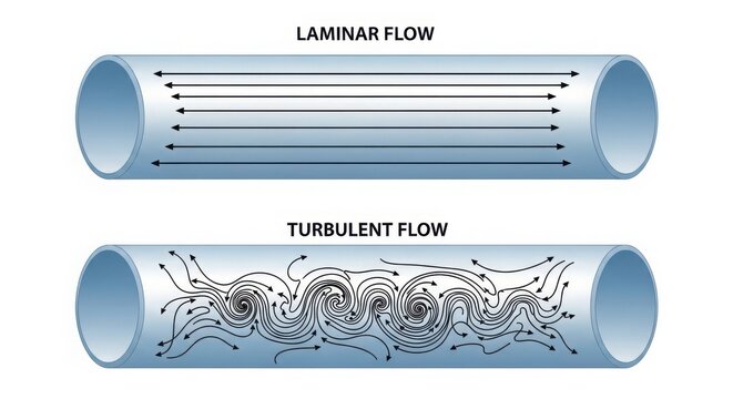 Diagram comparing laminar flow vs turbulent flow in a pipe illustrating fluid dynamics illustration