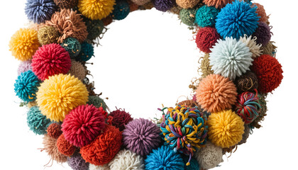 Colorful pom pom wreath handmade with yarn perfect for holiday decoration and festive crafts