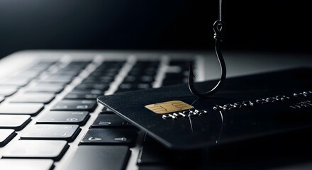 Cyber Phishing Concept: Hook Stealing Credit Card on Laptop Keyboard in Dark Environment