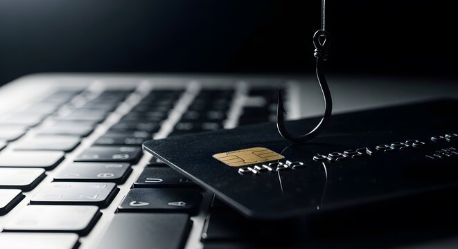 Cyber Phishing Concept: Hook Stealing Credit Card on Laptop Keyboard in Dark Environment