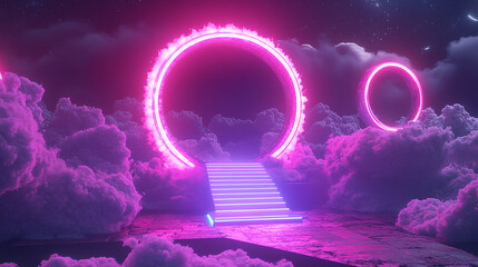 neon cyberpunk digital fractal geometric podium