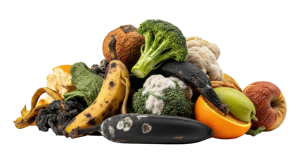 Rotting Assorted Fruits And Vegetables Heap With Mold And Bruises isolated on Transparent Background