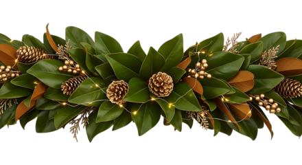 Elegant magnolia leaf garland with pine cones and fairy lights festive holiday decoration transparent background