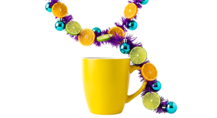 Festive yellow mug with citrus slices and colorful garland a bright and cheerful holiday beverage concept isolated on white transparent back