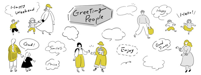 あいさつする人々_手書きイラスト＆吹き出し＆テキスト_ゴールド＆シルバー｜Greeting People_Gold & Silver	