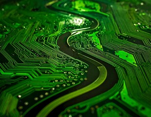 Close-up of a green circuit board with winding pathways
