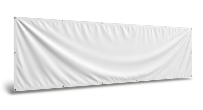 A blank white rectangular banner with grommets on its top and bottom edges displaying realistic folds and wrinkles casting a subtle shadow on a clean white background