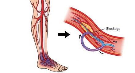 Detailed anatomical view of human leg arteries veins and circulatory system focus on foot illustration