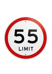 A circular white sign with a red border displays the number 55 and the word LIMIT in black text secured by two silver rivets