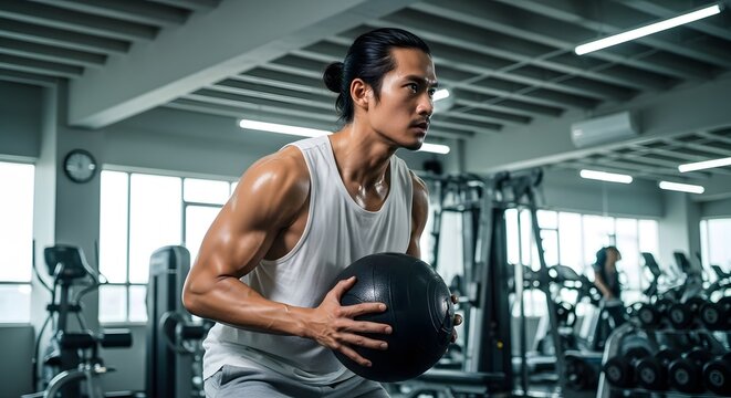 Strength Training: Muscular Man Doing Squat Exercise with Medicine Ball in Gym