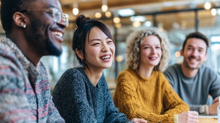 Fototapeta premium Team Members Share a Joyful Moment During a Meeting in a Modern Office Space With a Relaxed Atmosphere