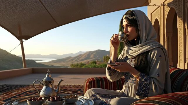 A woman in traditional attire enjoys a cup of tea on a terrace with views of the mountains, with tea set at hand