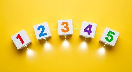 Colorful numbers one through five on white blocks against yellow backdrop