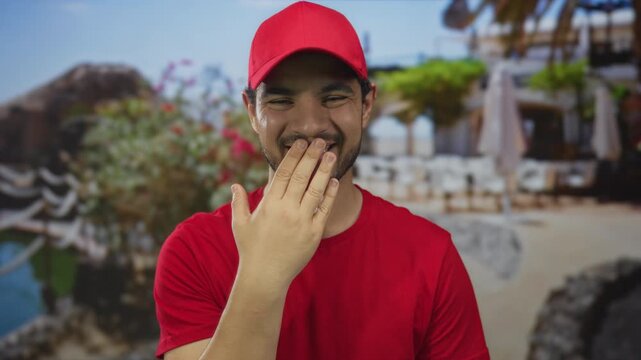 Man in red shirt and cap covers mouth with hand at street restaurant terrace under sunlight; amusement.