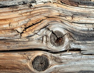 Close-up of weathered, knotted wood, showing texture and detail