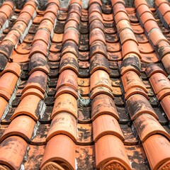 Close-up of weathered, overlapping terracotta roof tiles