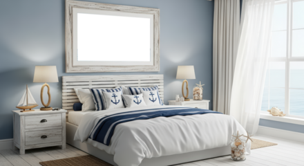 Serene Coastal Bedroom With Ocean View And Nautical Decor In Soft Blue And White Tones