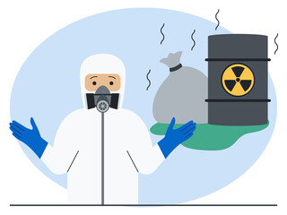 A man wears a radiation protective suit and helmet with a respirator due to environmental pollution. Industry vector illustration. Flat illustration concept.