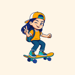 Illustration of a girl carrying a backpack playing skateboard