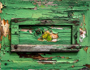 Close-up of aged, weathered green wood with flaking paint and knots