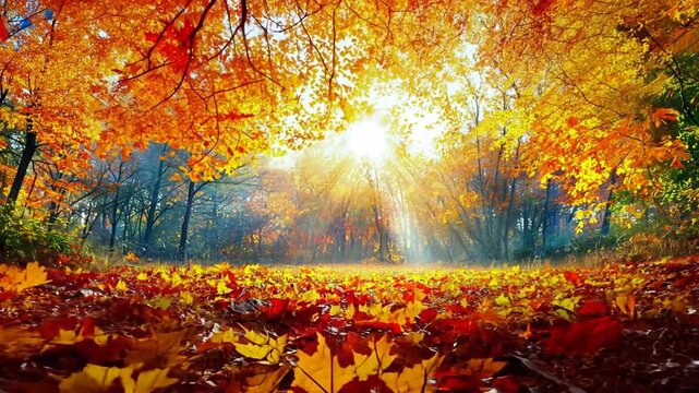 Golden sun rays stream through vibrant trees with autumn forest atmosphere for highlighting thick carpet of red and yellow fallen leaves on ground nature landscape concept
