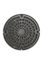 Obraz premium A dark round metal manhole cover with a concentric grid pattern speckled with dirt isolated on a clean white background