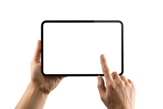Male hands holding tablet tapping isolated PNG