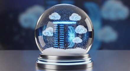 Cloud server in futuristic snow globe with blue light and gentle snowfall, symbolizing digital innovation and secure cloud storage solutions.