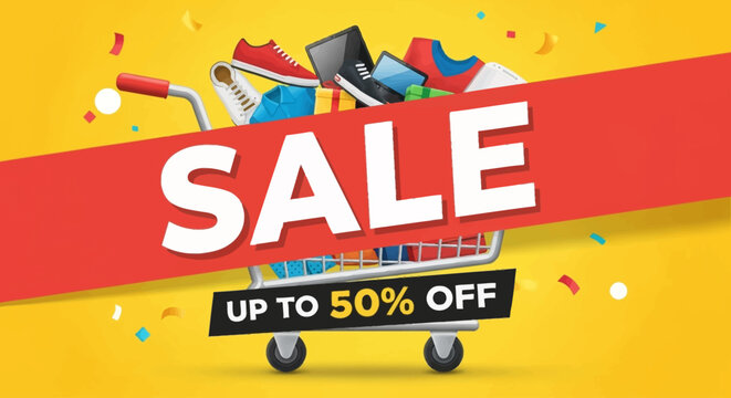 Sale Promotion with Shopping Cart Filled with Merchandise - Up to 50% Off