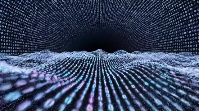 Dynamic data stream with binary code flowing like a river, visualizing digital transformation and the future of technology, a vibrant tech journey