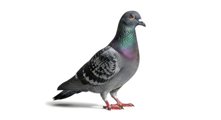 Obraz premium A grey pigeon with iridescent green and purple neck feathers stands facing right against a clean white background showcasing its orange eye and red feet