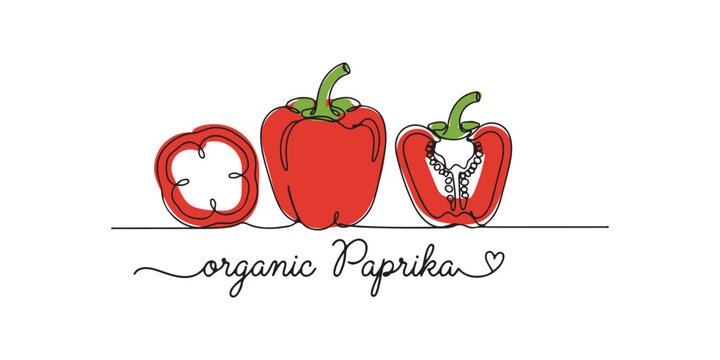 Minimalist vector of three red bell peppers. Designed in a continuous line style with elegant cursive “organic Paprika” text. Ideal for organic food packaging, farm-to-table marketing, nutrition blogs
