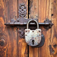 Close-up of an old, weathered padlock and latch on a wooden door