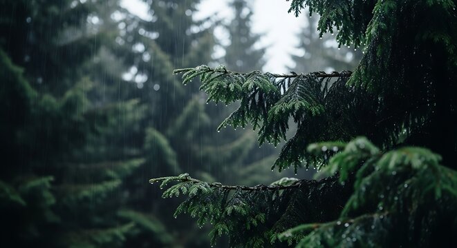 Close-up of lush green pine tree branches in a misty, dark forest during a gentle rain shower, evoking a serene and moody natural atmosphere