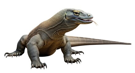 Obraz premium A large grey lizard with prominent scales and claws is shown on a white background extending its forked tongue