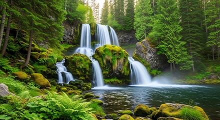 Naklejka premium Majestic waterfalls cascade through a vibrant, moss-covered forest, creating a serene and picturesque natural landscape with crystal-clear waters flowing over ancient rocks