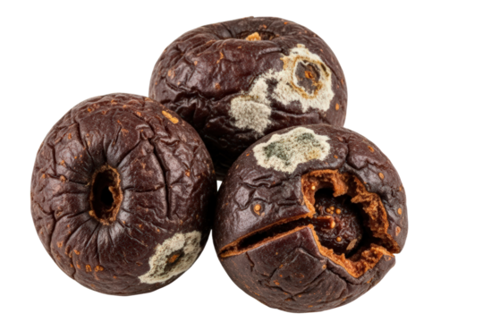 Three Rotten Apples with Mold and Decay Isolated on Transparent Background