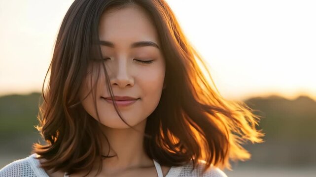 A woman's portrait at sunset, eyes closed and hair blowing gently. Soft light bathes her face and hair