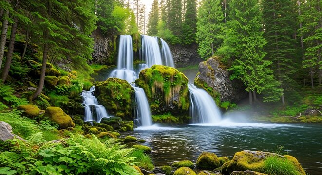 Majestic waterfalls cascade through a vibrant, moss-covered forest, creating a serene and picturesque natural landscape with crystal-clear waters flowing over ancient rocks