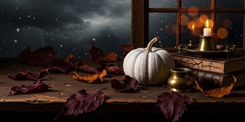 Dark Academia Oil Painting Moody Fall Still Life with Frosty Pumpkin & Stormy Bokeh