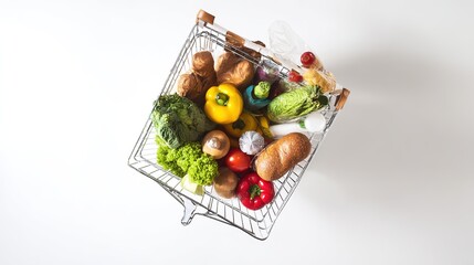 Shopping cart filled with fresh produce, assorted vibrant vegetables and bread, plain white background, angled top view, copy space