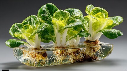Vibrant green lettuce plants thrive with visible healthy roots in a clear hydroponic system, showcasing sustainable urban farming